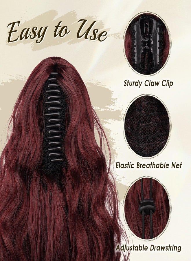 FESHFEN Claw Clip Ponytail Extensions - Long Pony Tail Hair Piece Wavy Curly Synthetic Hairpieces for Women, Black Ombre Red 26 inch - Image 3